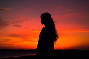 silhouette de une fille sur le Contexte de le mer le coucher du soleil ciel génératif ai photo