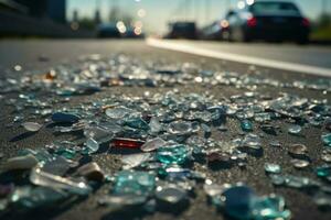 petit pièces de verre après un accident sur le route génératif ai photo