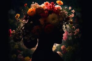 silhouette de une les filles tête avec fleurs sur une floral foncé Contexte génératif ai photo