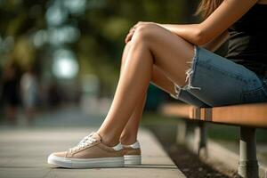 fille jambes dans le été parc sur une banc génératif ai photo