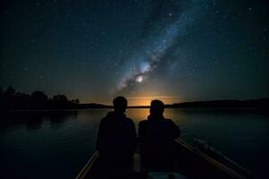 gay Date sur une bateau contre le Contexte de le nuit étoilé ciel génératif ai photo