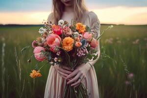 fille dans une lumière été robe avec fleur bouquet génératif ai photo