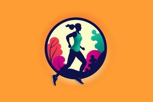 logotype fille le jogging sur une coloré arrière-plan, le concept de des sports, une en bonne santé mode de vie génératif ai photo