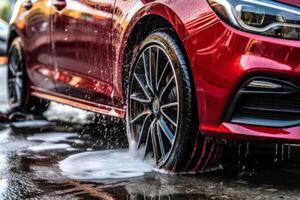 voiture laver, voiture roue dans savonneux l'eau génératif ai photo