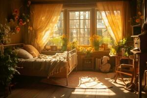 ensoleillé Matin dans les enfants chambre à coucher, les enfants pièce génératif ai photo