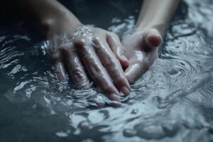 femelle laver mains dans eau, beauté se soucier hygiène génératif ai photo