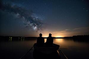 gay Date sur une bateau contre le Contexte de le nuit étoilé ciel génératif ai photo