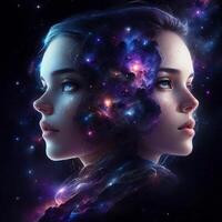 ai généré affiche de deux magnifique les filles fusionné dans galaxie photo