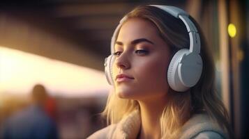 femme avec casque de musique. ai génératif photo