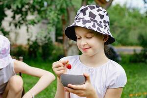 le fille regards à le choisi des fraises dans une bol et main dans le jardin photo