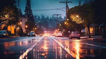 voiture flou lampe lentille Contexte avec l'eau pluie génératif ai photo