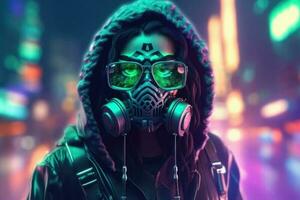 mode cyberpunk fille avec gaz masque. génératif ai photo