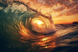 le coucher du soleil plus de océan vagues ai généré photo