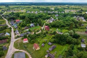 panoramique aérien vue de éco village avec en bois Maisons, gravier route, jardins et vergers photo