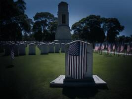 drapeau sur pierre tombale à le nationale héros cimetière, ai généré image photo