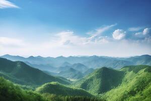 monde environnement journée concept, vert montagnes et magnifique bleu ciel des nuages génératif ai photo