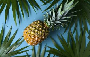 Haut vue de Frais ananas avec tropical feuilles sur bleu Contexte. , produire ai photo