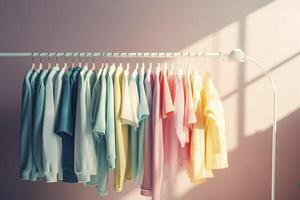 coloré vêtements sur Vêtements étagère, pastel coloré placard dans achats boutique ou chambre à coucher. arc en ciel Couleur vêtements choix sur cintres, Accueil garde-robe concept. ai généré image photo