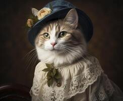 chat habillé dans ancien vêtements dans victorien style, portrait dans le style de le 19e siècle, marrant mignonne chat dans Humain vêtements. ai généré image. photo