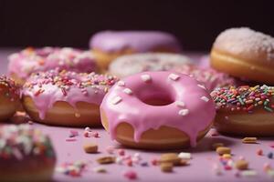 rose beignets avec arrose. sucré nourriture arrière-plan, fraîchement cuit Donut. ai généré image. photo