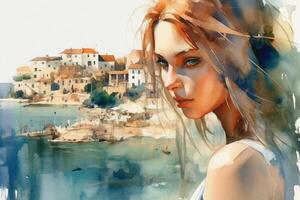 illustration dans une aquarelle style. magnifique fille dans le robe à la recherche vers le bas à magnifique mer ville de visualisation plateforme. profil voir. Voyage et se détendre. génératif ai. photo