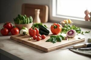 Frais des légumes - tomates, paprika, oignons, basilic sur une en bois Coupe planche dans le cuisine. en bonne santé en mangeant concept. nutriciologie. génératif ai. photo