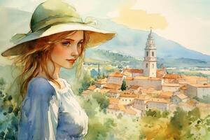 illustration dans une aquarelle style. magnifique fille dans robe et chapeau à la recherche vers le bas à magnifique village paysage de le colline. Voyage et se détendre. génératif ai. photo