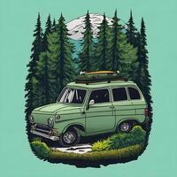 voiture dans de face de une forêt dessin animé T-shirt conception graphique. ai génératif photo