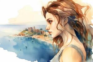 illustration dans une aquarelle style. magnifique fille dans le robe à la recherche vers le bas à magnifique mer ville de visualisation plateforme. profil voir. Voyage et se détendre. génératif ai. photo