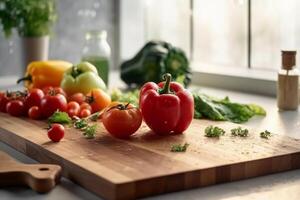 Frais des légumes - tomates, paprika, basilic sur une en bois Coupe planche dans le cuisine. en bonne santé en mangeant concept. nutriciologie. génératif ai. photo