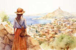 illustration de en voyageant Jeune femme dans une chapeau à la recherche vers le bas à beau ville de le colline, vu de derrière dans une aquarelle style. génératif ai. photo