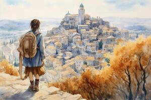 illustration de une en voyageant Jeune femme avec une sac à dos à la recherche vers le bas à le ville de le colline, vu de derrière dans une aquarelle style. génératif ai. photo