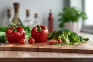 Frais des légumes - tomates, rouge paprika, brocoli, basilic sur une en bois Coupe planche dans le cuisine. en bonne santé en mangeant concept. nutriciologie. génératif ai. photo