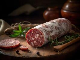 épicerie fine salami saucisse avec blanc moule fouet établi avec génératif ai La technologie photo