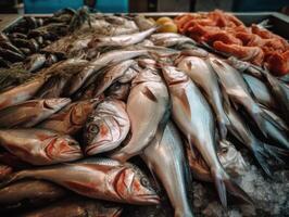 Frais océan poisson et Fruit de mer à le poisson marché proche en haut Haut vue établi avec génératif ai La technologie photo