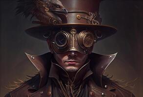 une homme portant une steampunk chapeau et une steampunk masque, fantaisie art, steampunk. ai généré photo