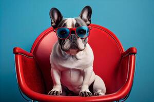 français bouledogue chien dans rond des lunettes de soleil est assis sur une rouge chaise sur une bleu Contexte. ai généré photo