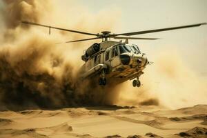 le hélicoptère en volant dans le air est couvert dans sable. ai généré photo