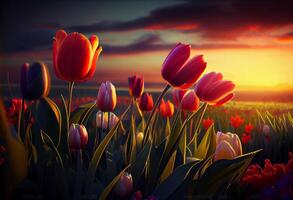 photo magnifique tulipe fleurs dans herbe champ avec le coucher du soleil Contexte. ai généré