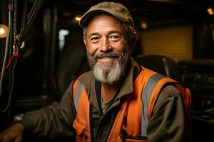 portrait une content Masculin souriant un camion chauffeur récipient. ai généré photo