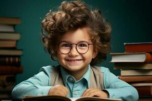 portrait de une content enfant peu garçon avec des lunettes séance sur une empiler de livres et en train de lire une livres. ai généré photo