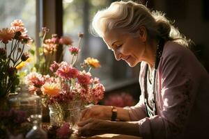 portrait de une Sénior femme organiser fleurs dans vase. ai généré photo