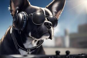 noir dj chien avec des lunettes de soleil et écouteurs en jouant musique. ai généré photo