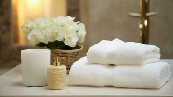 sauvage blanc coton les serviettes sur une salle de bains couler, dans le style de baroque exagération. ai généré photo