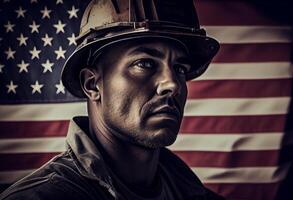 une sérieux ouvrier homme et américain drapeau. ai généré. photo