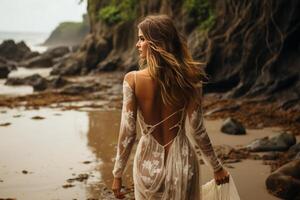 une magnifique la mariée en marchant sur le plage bohémien une plage. ai généré photo