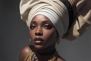 noir femme dans africain turban sur studio Contexte. photo