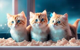 Trois mignonne chat dans des lunettes de soleil en train de regarder une film avec Popcorn. ai généré photo