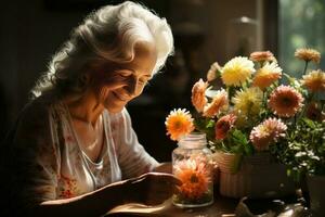 portrait de une Sénior femme organiser fleurs dans vase. ai généré photo