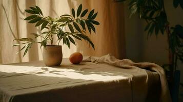 moderne intérieur mode de vie méditerranéen dans été scène, plante avec fruit sur table avec lumière et ombre dans à manger pièce photo